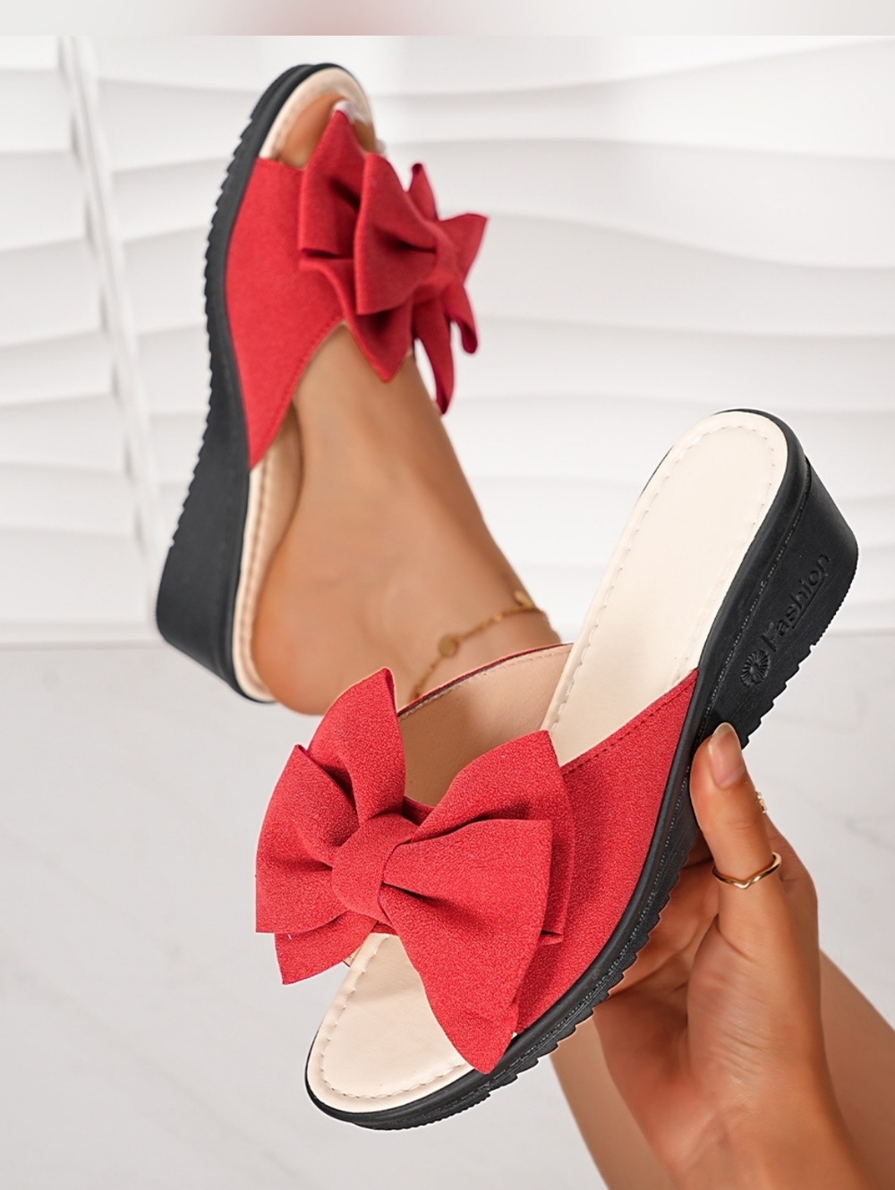 Red Bow Wedge Slide Sandals for Women - Brand